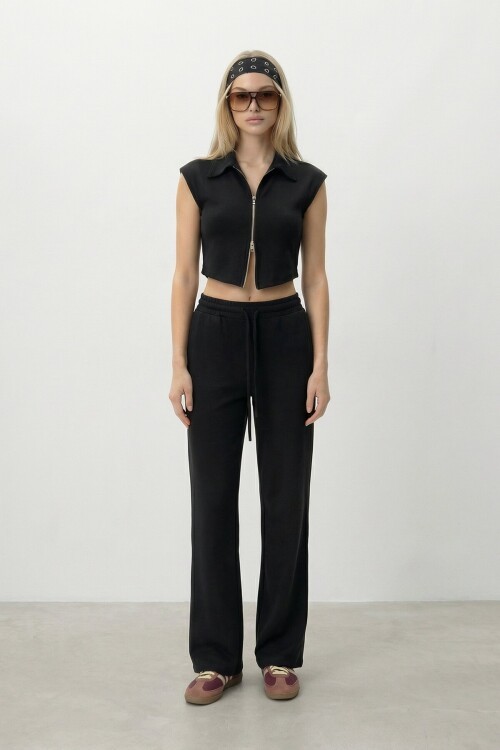 Fermuarlı Crop Hırka Ve Lastikli Eşofman Takımı