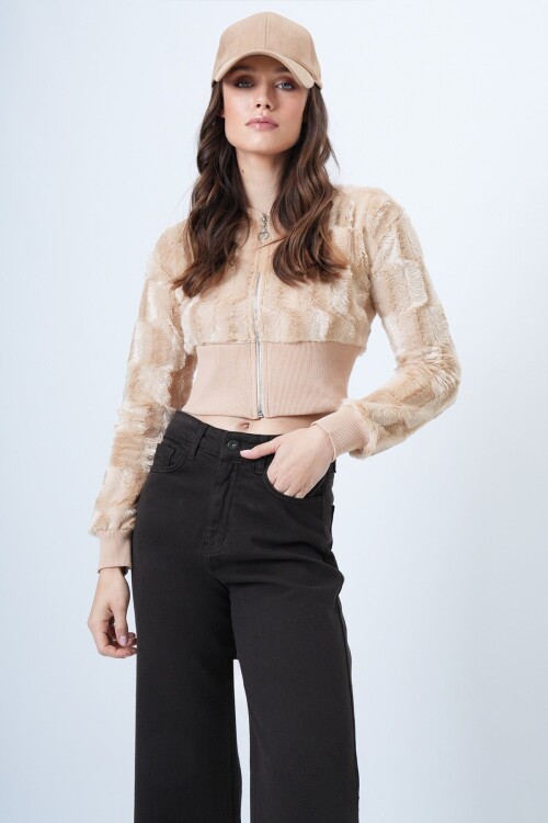 Fermuarlı Peluş Dokulu Suni Kürk Ceket