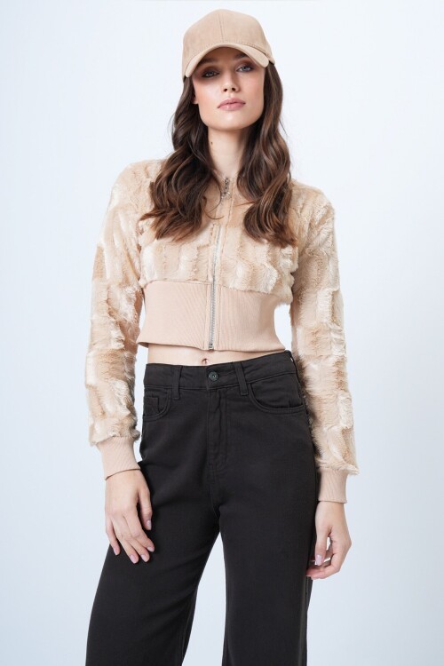 Fermuarlı Peluş Dokulu Suni Kürk Ceket