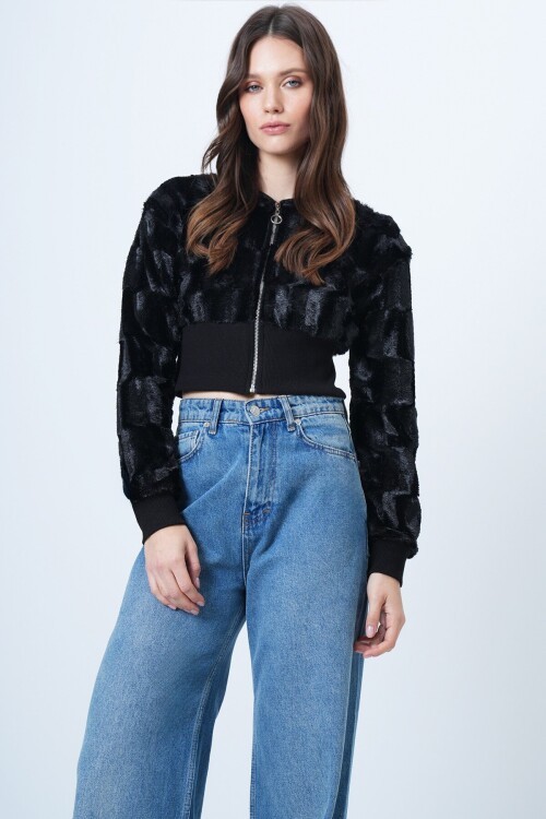 Fermuarlı Peluş Dokulu Suni Kürk Ceket