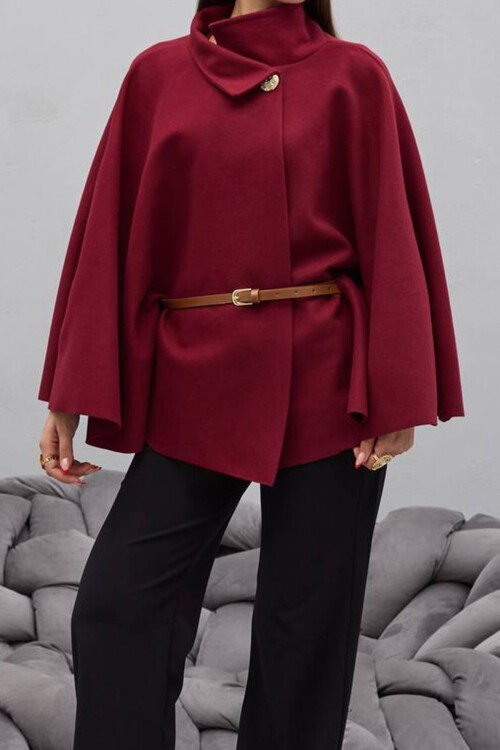 Gold Düğmeli Kemerli Kaşe Panço