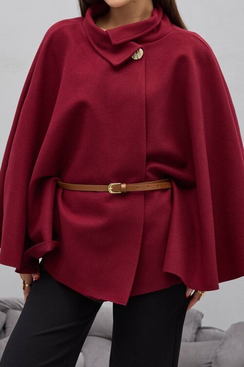 Gold Düğmeli Kemerli Kaşe Panço