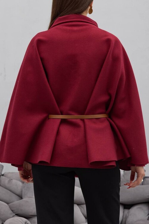 Gold Düğmeli Kemerli Kaşe Panço