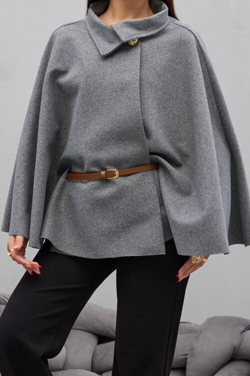 Gold Düğmeli Kemerli Kaşe Panço