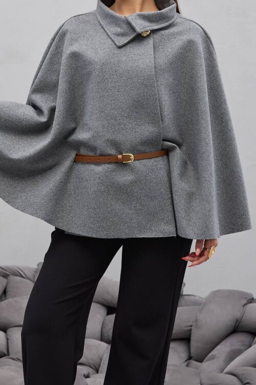 Gold Düğmeli Kemerli Kaşe Panço