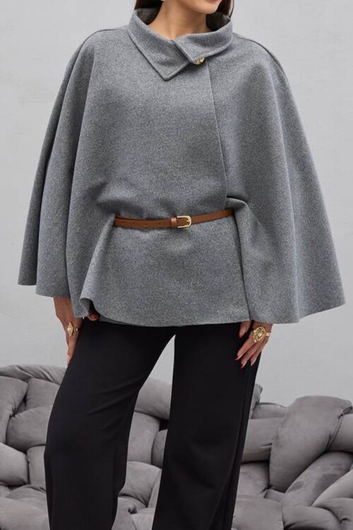 Gold Düğmeli Kemerli Kaşe Panço