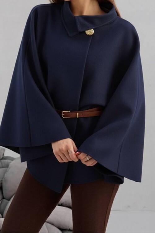 Gold Düğmeli Kemerli Kaşe Panço