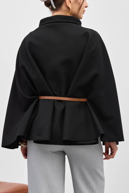 Gold Düğmeli Kemerli Kaşe Panço