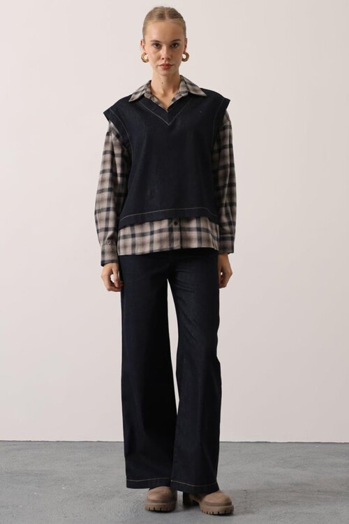 Gömlek Detaylı Bluz ve Cepli Palazzo Panolon Denim Takım