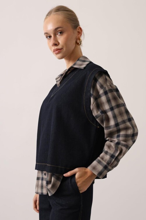 Gömlek Detaylı Bluz ve Cepli Palazzo Panolon Denim Takım