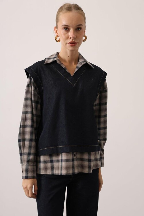 Gömlek Detaylı Bluz ve Cepli Palazzo Panolon Denim Takım