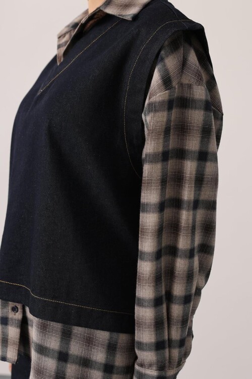 Gömlek Detaylı Bluz ve Cepli Palazzo Panolon Denim Takım