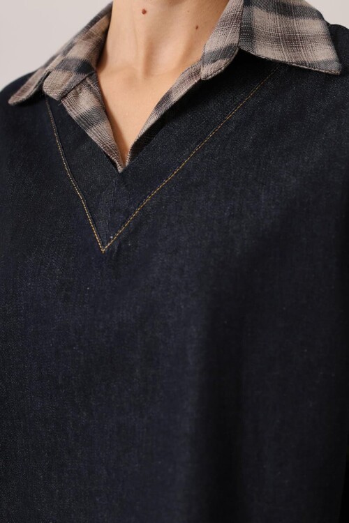 Gömlek Detaylı Bluz ve Cepli Palazzo Panolon Denim Takım