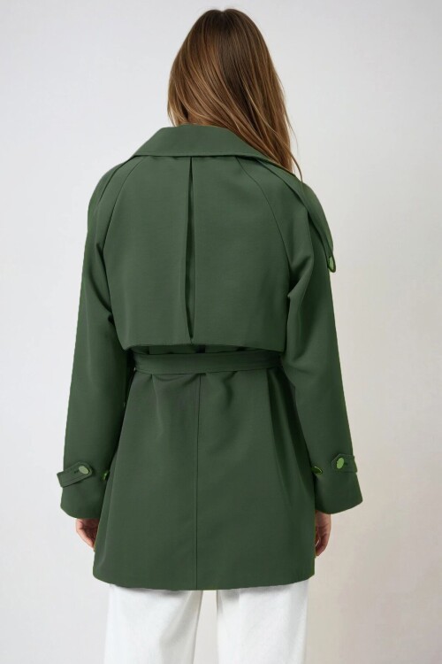 Haki Çift Cepli  Astarlı Kemerli Omuzu Ve Beli Apoletli Trençkot