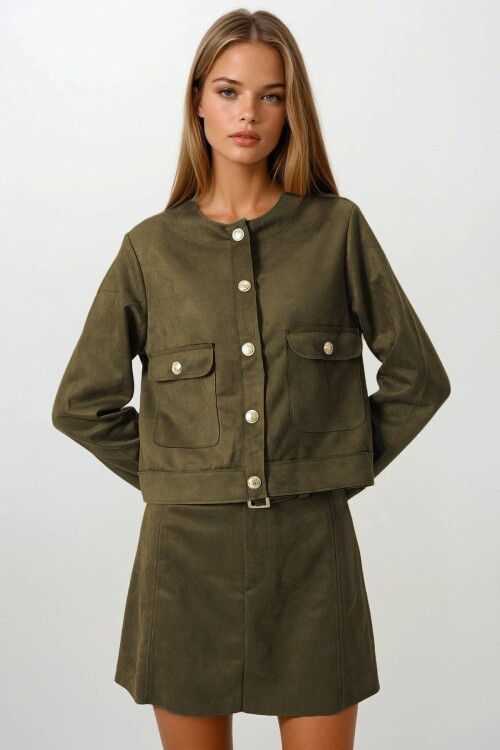 Haki Çift Kapak Cepli Altın Düğmeli Kısa Ceket