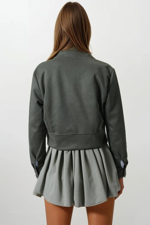 Haki Fermuarlı Hakim Yaka Süet Dokulu Kısa Ceket