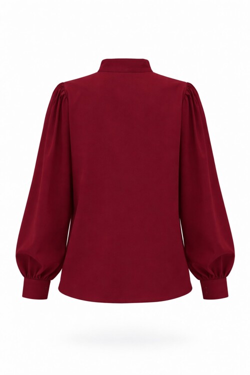Bordo Hakim Yaka Önü Düğmeli Balon Kol Poplin Dokuma Bluz