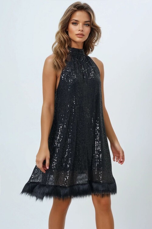 Halter Yaka Pul Payet Püsküllü Mini Elbise