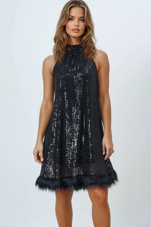 Halter Yaka Pul Payet Eteği Kürklü Astarlı Mini Elbise