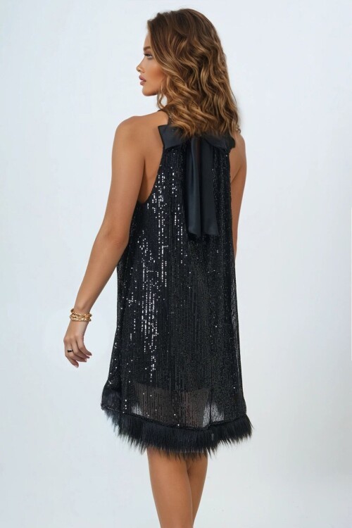 Halter Yaka Pul Payet Eteği Kürklü Astarlı Mini Elbise