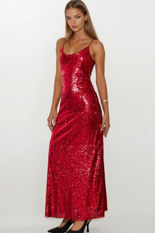 İp Askılı Sırt Dekolteli Payetli Midi Boy Etek