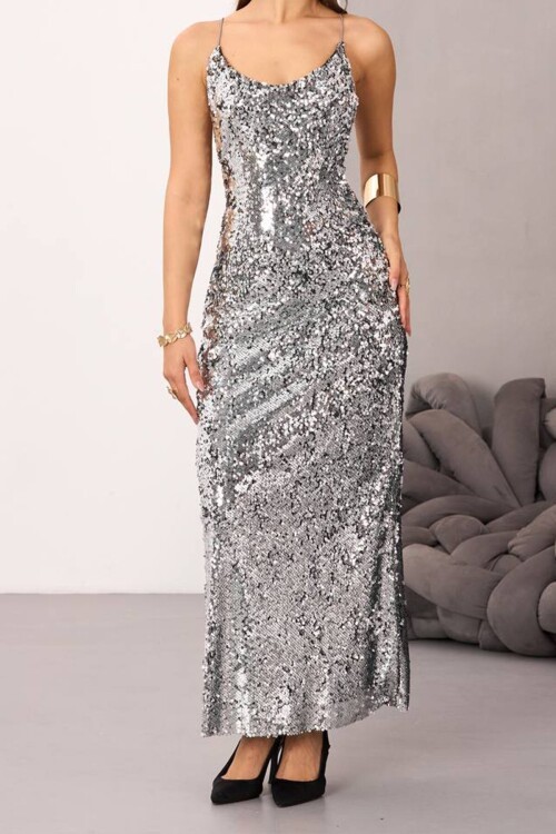 İp Askılı Sırt Dekolteli Payetli Midi Boy Etek