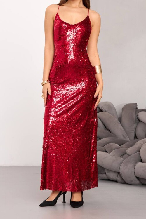 İp Askılı Sırt Dekolteli Payetli Midi Boy Etek