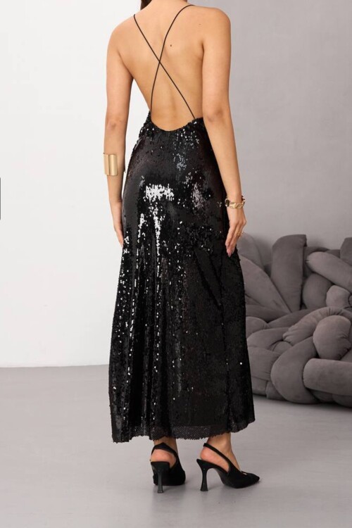 İp Askılı Sırt Dekolteli Payetli Midi Boy Etek