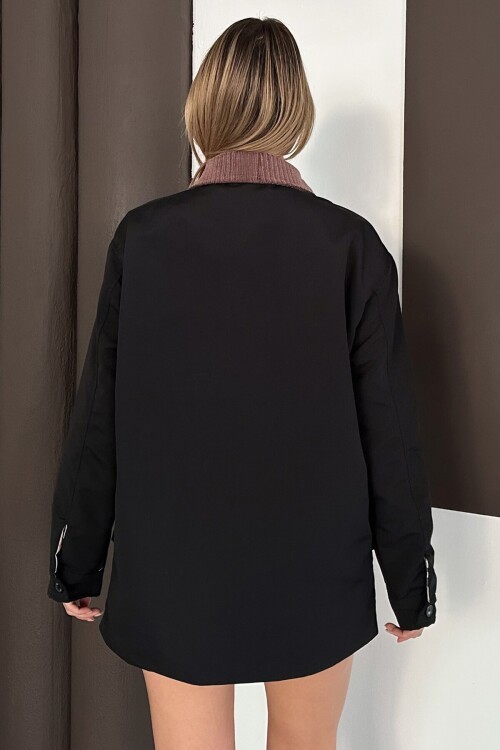 Kadife Yaka Çift Cepli Astarlı Fermuar Kapamalı Ceket