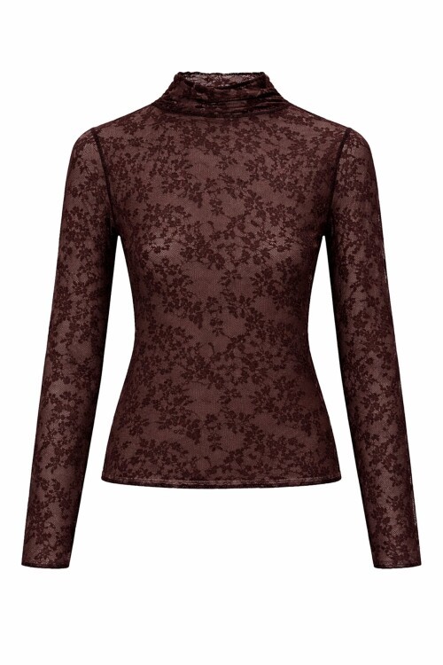 Kahverengi Dik Yaka Danteli Bluz