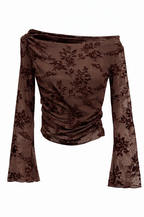 Kahverengi Transparan İşlemeli Bluz