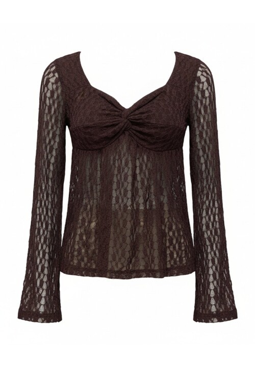 Kalp Yaka Kabartma Dantelli Bluz