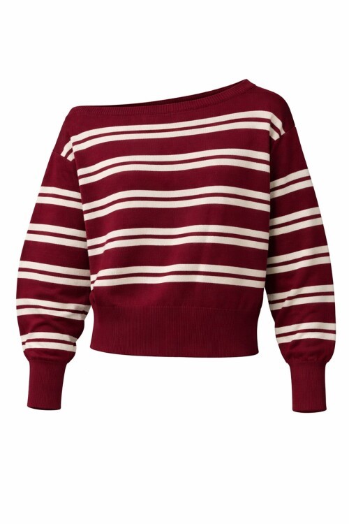 Bordo Kayık Yaka Çizgili Triko