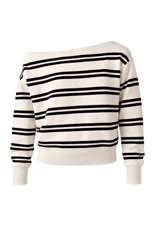 Ekru Kayık Yaka Çizgili Triko