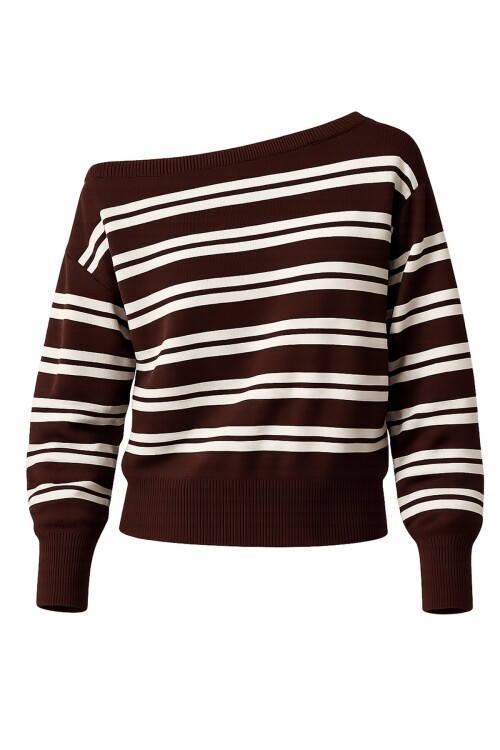 Kahverengi Kayık Yaka Çizgili Triko