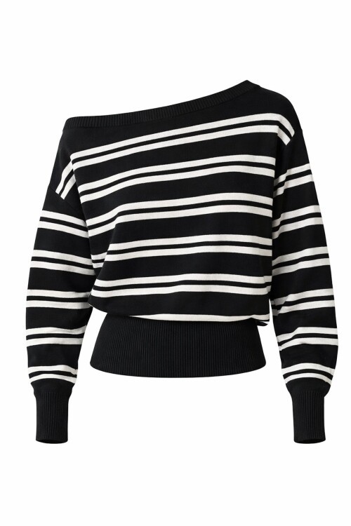 Siyah Kayık Yaka Çizgili Triko