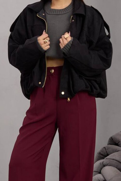 Kemer Detaylı Fermuar Kapamalı Astarlı Bomber Süet Ceket