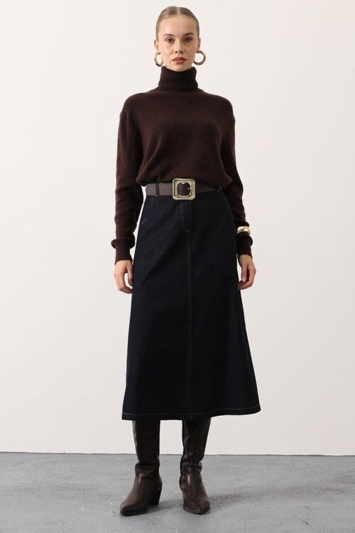 Kemerli 4 Cepli Midi Boy Denim Etek