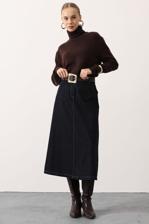 Kemerli 4 Cepli Midi Boy Denim Etek