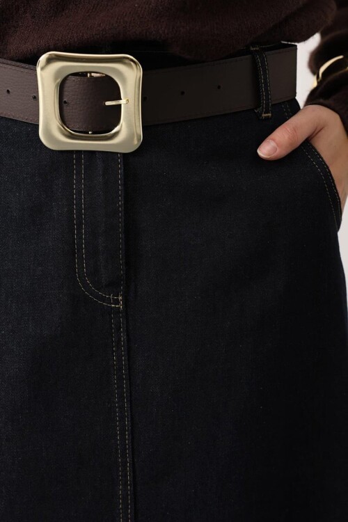 Kemerli 4 Cepli Midi Boy Denim Etek