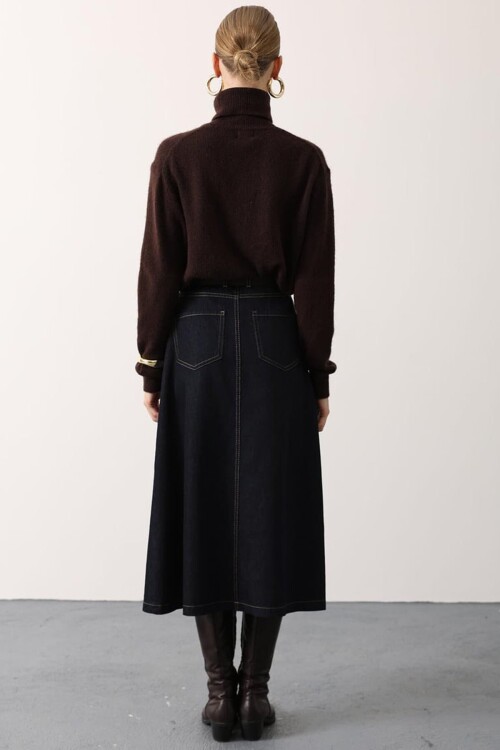 Kemerli 4 Cepli Midi Boy Denim Etek