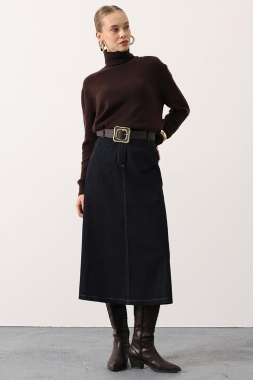 Kemerli 4 Cepli Midi Boy Denim Etek