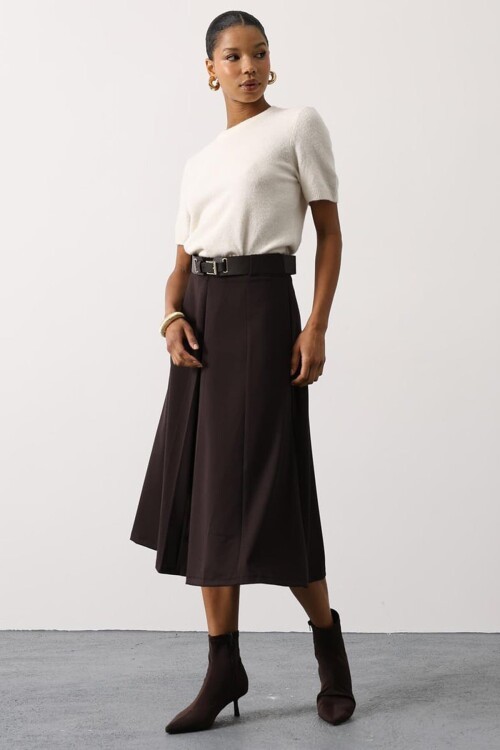 Kemerli Çift Cepli Pileli Midi Boy Etek