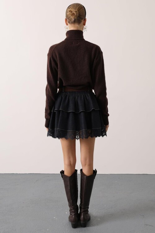 Kemerli Dantel Detaylı Volanlı Denim Etek