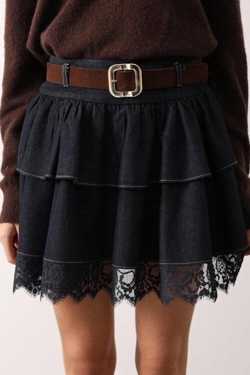 Kemerli Dantel Detaylı Volanlı Denim Etek