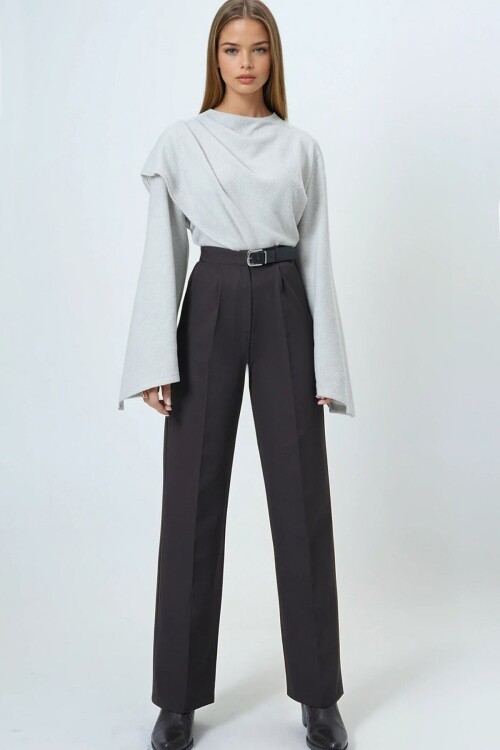 Kemerli Düğme Kapamalı Çift Cepli Palazzo Pantolon