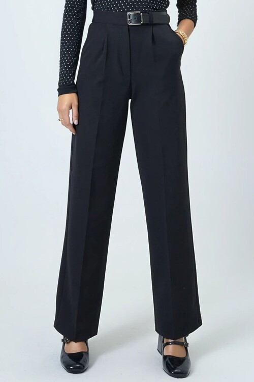 Kemerli Düğme Kapamalı Çift Cepli Palazzo Pantolon