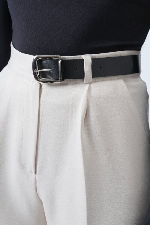 Kemerli Düğme Kapamalı Çift Cepli Palazzo Pantolon