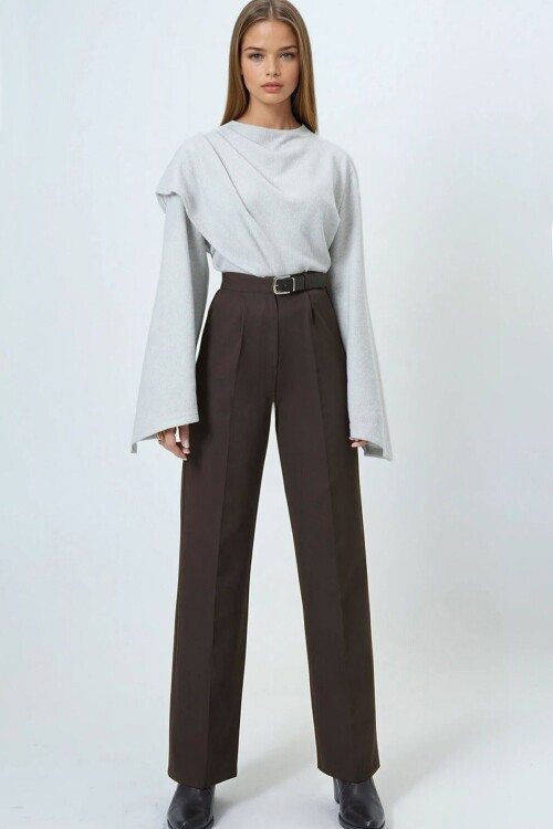 Kemerli Düğme Kapamalı Çift Cepli Palazzo Pantolon