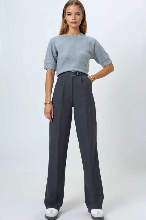 Kemerli Düğme Kapamalı Çift Cepli Palazzo Pantolon